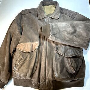 Vintage 80s Hunt Club Brown Leather Bomber Jacket Size 46 Tall Korea Top Gun
